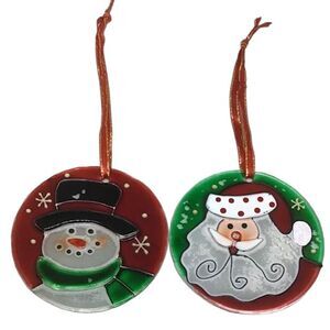 Stained Glass Ornament Santa Claus Snowman Round Christmas Hanging Pair Homemade